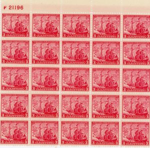 #736 – 1934 3c Maryland Tercentenary.  Plate Block of 25.  MNH OG.