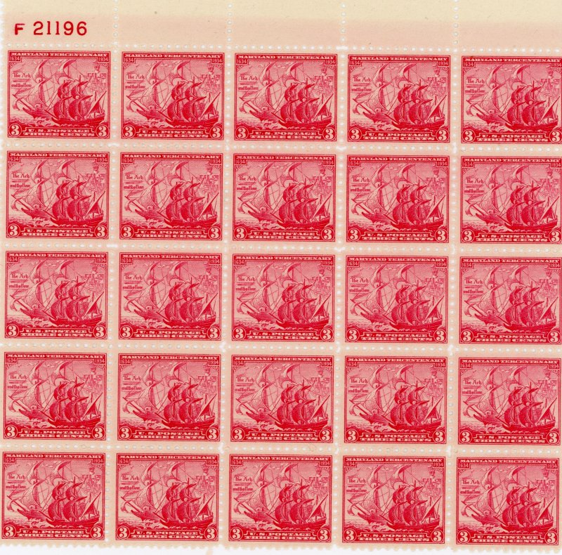 #736 – 1934 3c Maryland Tercentenary.  Plate Block of 25.  MNH OG.
