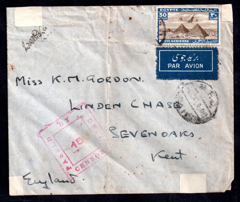 Egypt WWII censored cover to UK from Major Gordon WS9631