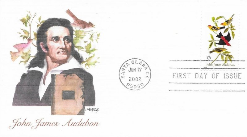 2002 FDC, #3650, 37c John James Audubon, 2 diff. cachets
