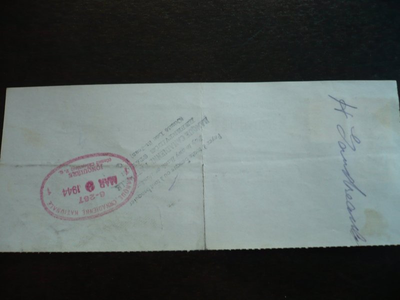 Canada - Revenue - KGVI War Issue Stamps on cheque dated 1944