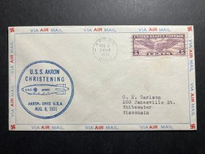 1931 USA Zeppelin Airmail Cover Akron OH to Whitewater WI USS Akron Christening