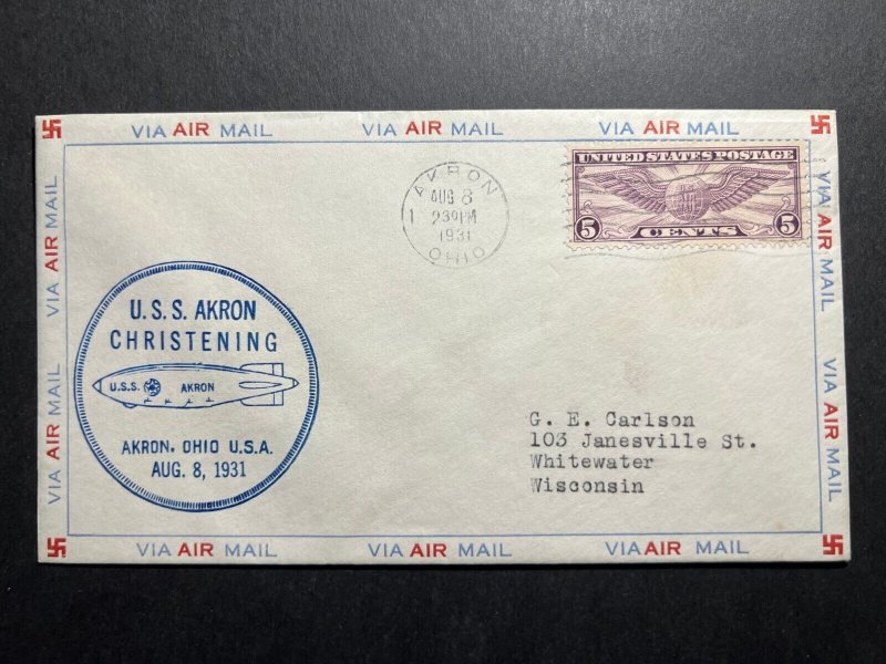 1931 USA Zeppelin Airmail Cover Akron OH to Whitewater WI USS Akron Christening