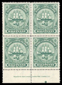 Turks & Caicos 1948 KGVI ½d blue-green WATERLOW Imprint block superb MNH. SG 210