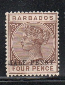 Barbados Sc 69a 1892 1/2d ovpt on 4 d Victoria no hyphen mint