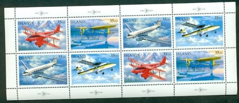 ICELAND #841b Pane of 8 PLANES og, NH, VF, Scott $12.00