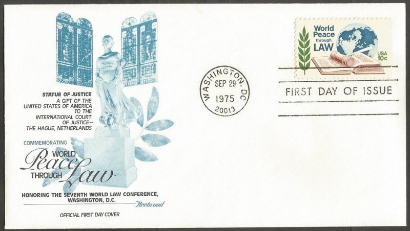 US FDC.1975 WORLD PEACE THROUGH LAW 10C STAMP. 7TH WORLD LAW CONFERENCE WA.