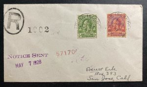 1928 Turks & Caicos Island Registered Cover To San Jose CA USA SG#169