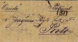 Brazil, 1869 stampless letter from Bahia to Portugal, paying 150 in black, ...