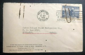 1936 Melbourne Australia Slogan Cancel Cover To Honolulu Hawaii