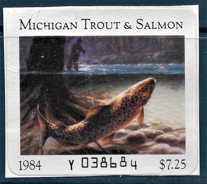 US 1984 MI Trout and Salmon Stamp used, affixed to portion of license