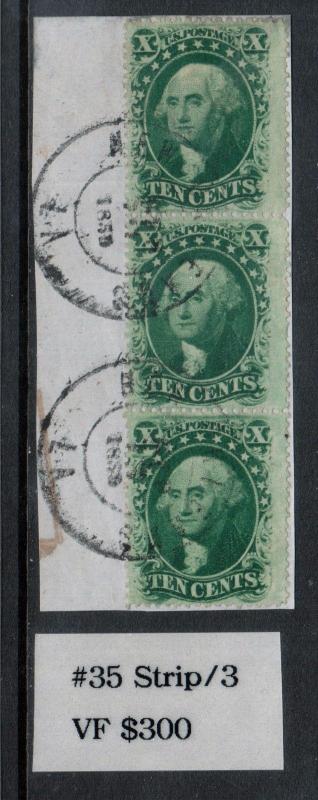 USA #35 Very Fine Used Strip Of Three On Piece - Pos 33 43 53