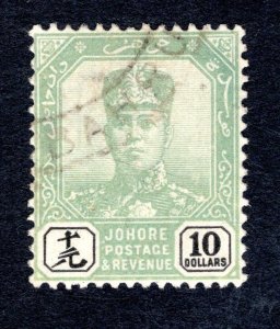 Johore SC #73   F/VF, Used, 10 dollar green & black, CV $210.00 ...... 3180096