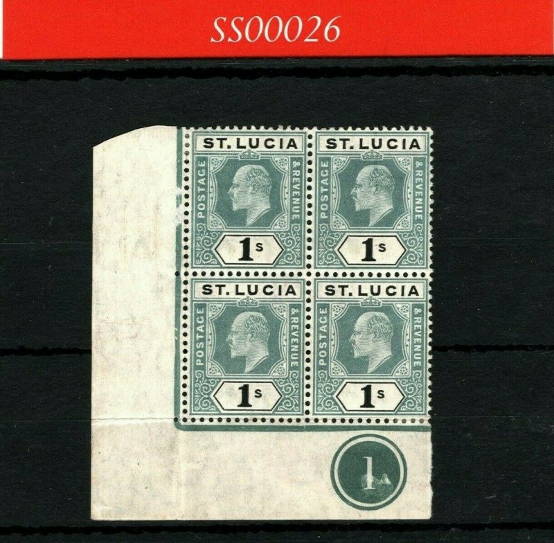 ST LUCIA KEVII Stamp SG.74 1s (1905) Corner PLATE BLOCK{4} LMM/UMM MNH SS26