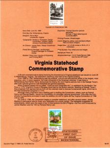 US SP809 Virginia Statehood 2345 Souvenir Page FDC