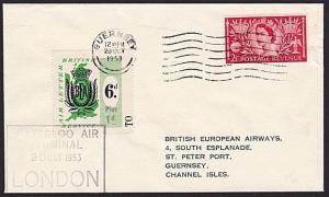 GB 1953 BEA 6d Plus 1d airmail stamp on flown cover London to Guernsey......8996