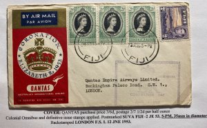 1953 Suva Fiji First Day Cover Queen Elizabeth 2 Coronation To London England B