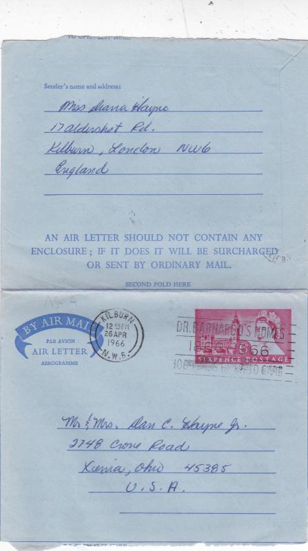 GB 1966 6d Air letter Kilburn-Xienia USA VGC