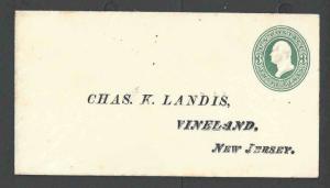 1874 U159 3c Green On White Mint Entire Die 56 Size 3 Tiny Corner Mtg On Back