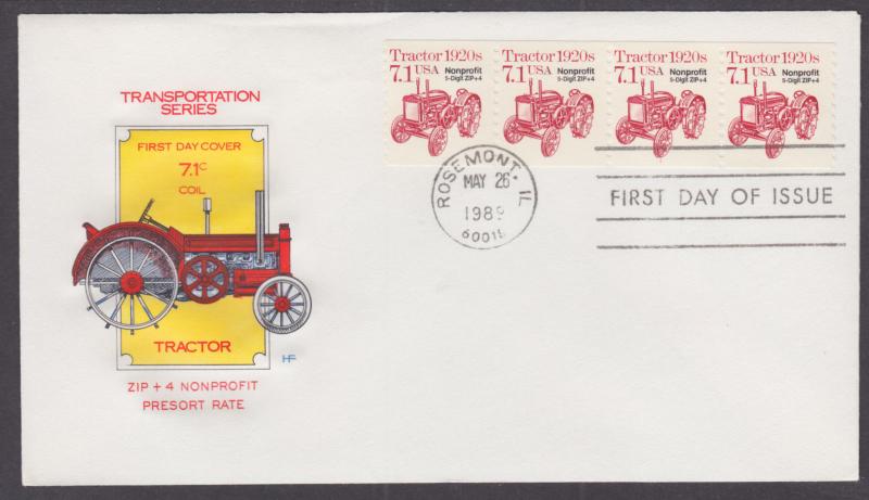 US Sc 2127b, PNC 1  FDC. 1989 7.1c Tractor, Coil Strip of 4, HF Cachet