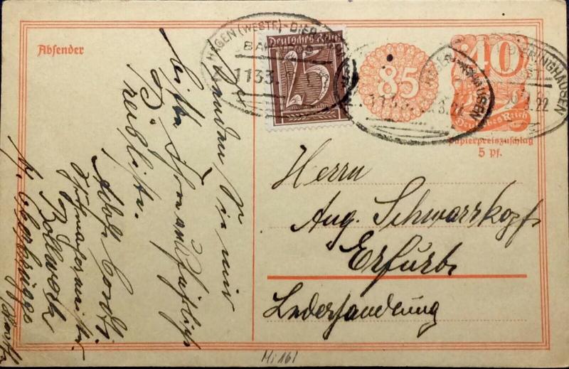 ALLEMAGNE / DEUTSCHLAND 29.8.1922 Mi.161 /Mi.P153.I Zug1133 HAGEN-DIERINGHAUSEN