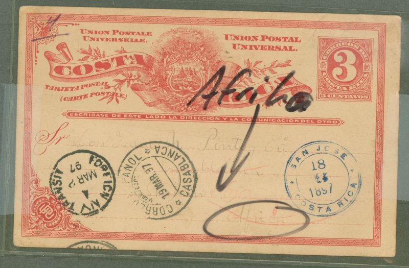 Costa Rica UX 1897 3 cent red P.C. Used from San Jose, N.Y. transit. Casablanca arrival. Minor soiling reverse