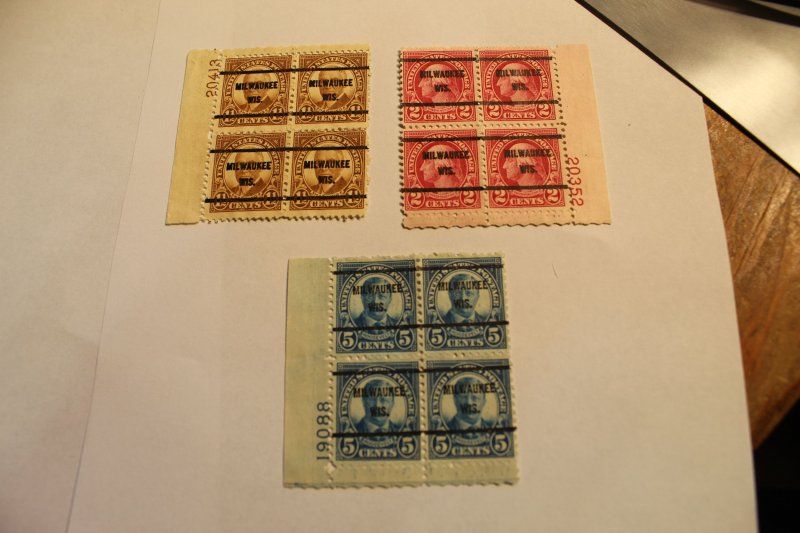 US PRECANCEL PLATE BLOCKS (NO GUM) 633, 634, 637 ALL MILWAUKEE WIS.