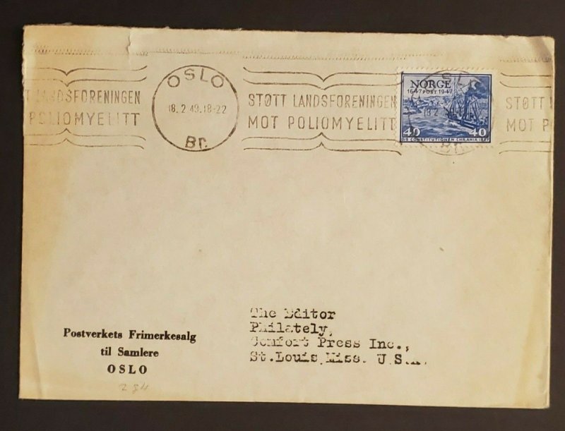 1949 Oslo Norway to St Louis Missouri USA Advertising Cover  