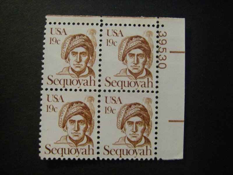 Scott 1859, 19c Sequoyah, PB4 #39530 UR, MNH Great Americans Beauty