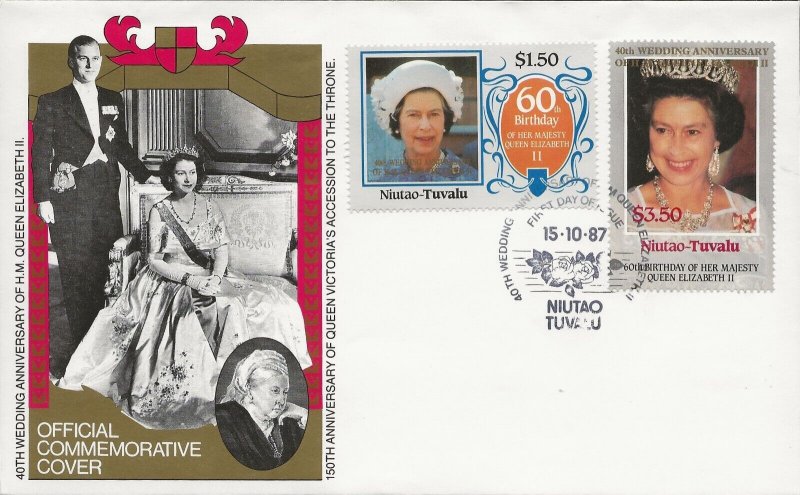 NIUTAO-TUVALU 1987 40TH WEDDING ANNIV QUEEN ELIZABETH, SET+S/SHEET ON 3 FDC'S 