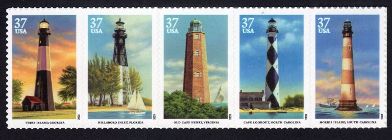 Scott #3791a Southeastern Lighthouses Block of 5 Stamps - MNH Hillsboro 1st