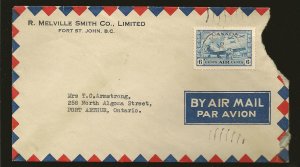 Canada C7 on 1943 Fort St John BC Airmail Ad Cover Cover is damaged Stamp OK