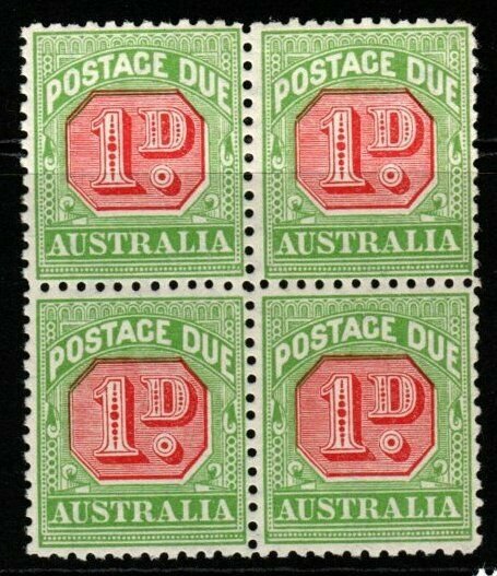 AUSTRALIA SGD78a 1914 1d ROSINE & BRIGHT APPLE-GREEN WMK SIDEWAYS MNH BLOCK OF 4