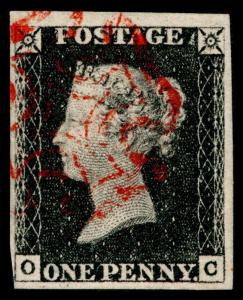 SG2, 1d black PLATE 7, FINE USED. Cat £425. RED MX. 4 MARGINS. OC