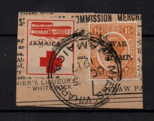 Jamaica 1917 War Stamp & Red Cross Bi Plane on Piece Myers Wharf CDS WS36273