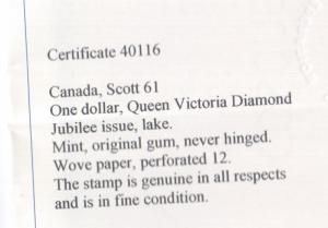 Canada #61 Mint Fine Never Hinged  with Certificate