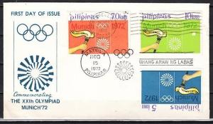 Philippines, Scott cat. 1163-1165. Munich Olympics issue. First day cover.