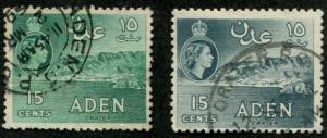 Aden SC# 50, 50a Crater, 15c, Lightly canceled