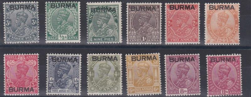 BURMA  1937  S G 1 - 12  PART SET TO 12A CLARET    MH  CAT £54