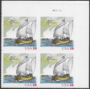 US #4073 MNH plate block.  Champlain surveys the east coast.