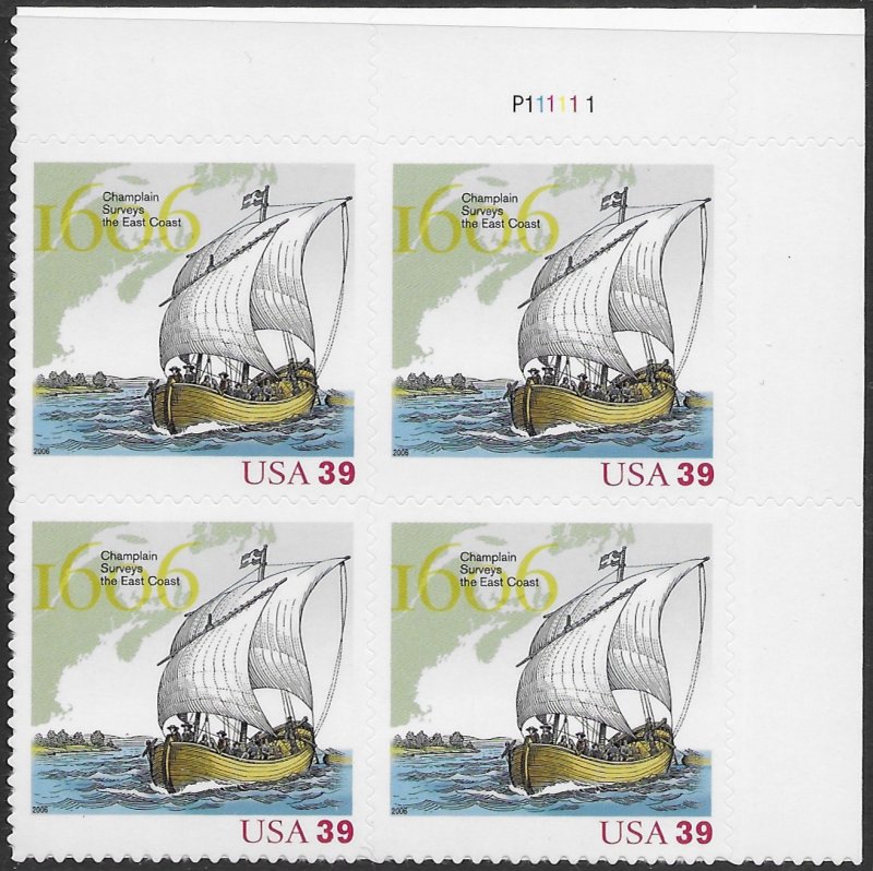 US #4073 MNH plate block.  Champlain surveys the east coast.