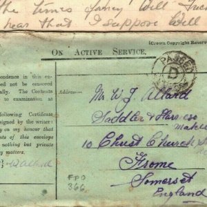 IRAQ WW1 Cover INDIA *FPO 366* Somerset Light Infantry 1918 Soldier Letter MAL18