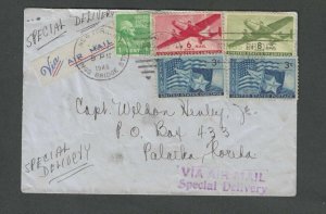 1946 Airmail+Spec Dlvry To Paletra FL 18c combo Rate Arrived Next Day Backstamp