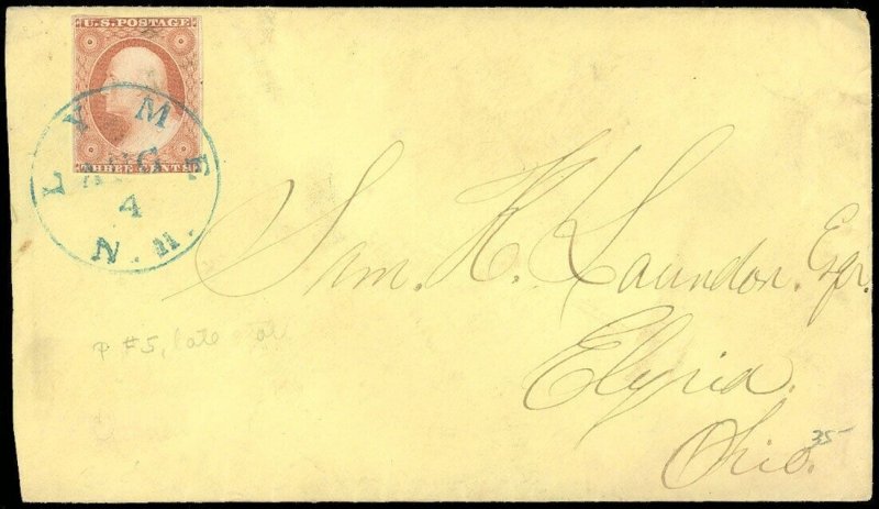 1856 #11 on Cover, LYME, New Hampshire Blue-Green Town Cancel, to Elyria, OHIO!