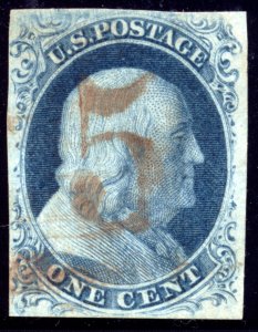 US 7 1c 1851 Benjamin Franklin type II imperf VF red 5 cancel