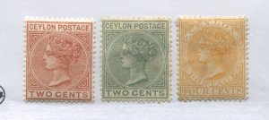 Ceylon QV 1883 2-2 cent values and a 4 cents mint o.g. hinged