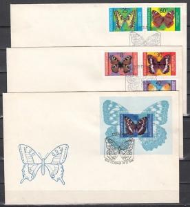 Bulgaria, Scott cat. 3021-3025, 3026. Butterflies issue on 3 First day covers.