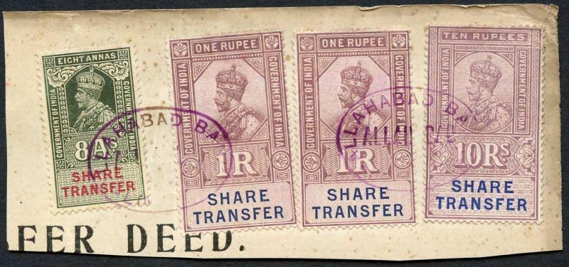 India KGV 4 x Share Transfer Revenue Stamps on piece 