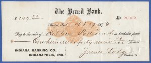 US 1876 2c Used Bank Check, Sc RN-D1, The Brazil Bank, Brazil, Indiana