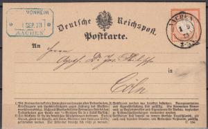 Germany - 1.9.1873 1/2gr Large shield as single franking on card to Coln(2375)